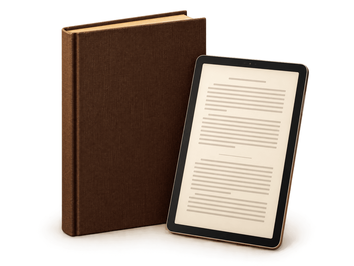布張りの本と、同じ本文を表示したタブレット