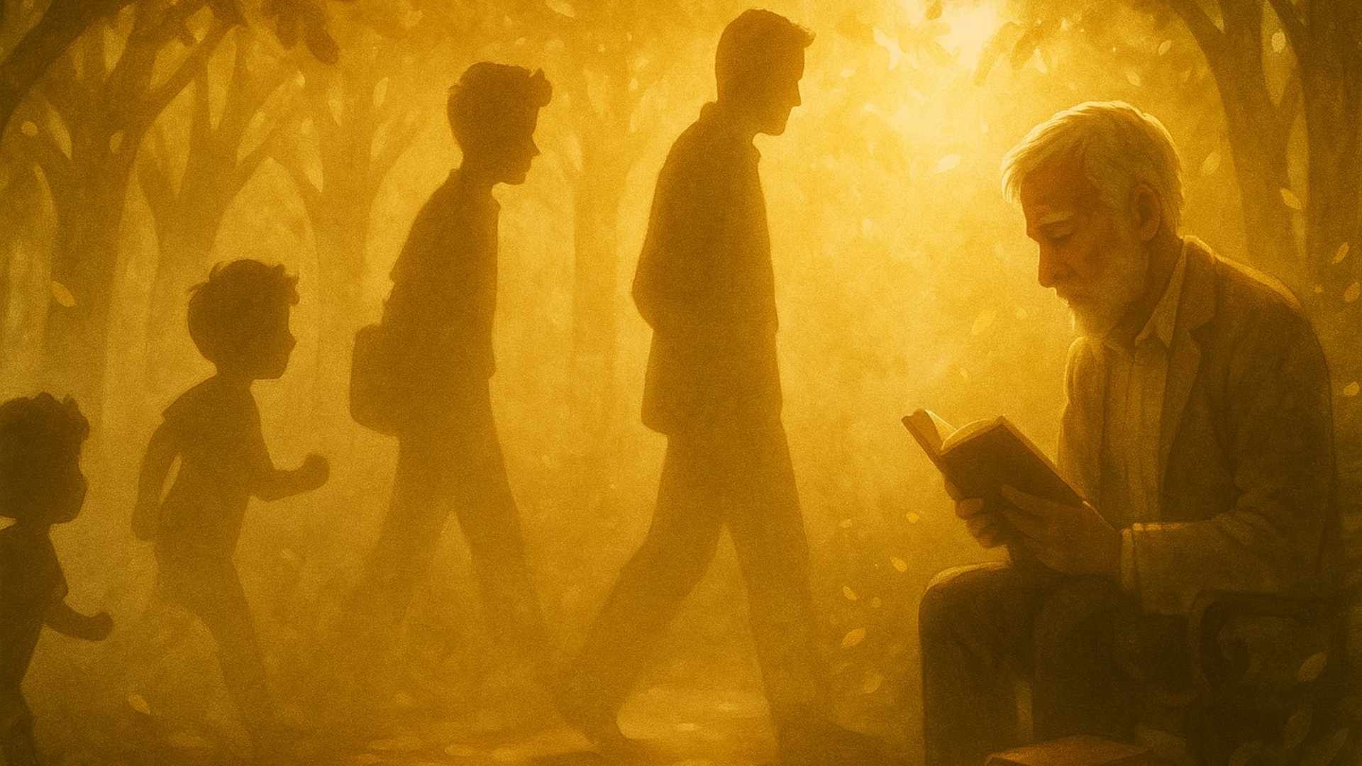 幼い子どもから本を読む老人まで、ひと続きに描かれた人生の情景